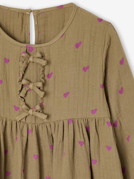Cotton Gauze Dress with Fancy Bows for Girls ecru+olive - vertbaudet enfant 