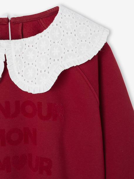 Girl's sweatshirt with English embroidery collar and flocked velvet message ecru+mauve+pale pink+red - vertbaudet enfant 