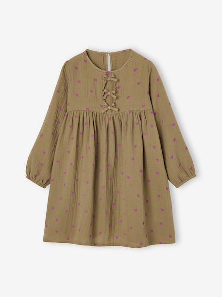 Cotton Gauze Dress with Fancy Bows for Girls ecru+olive - vertbaudet enfant 