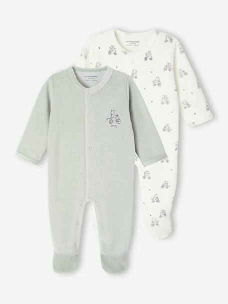 Pack of 2 Velour Sleepsuits for Newborns aqua green+beige+rose - vertbaudet enfant 