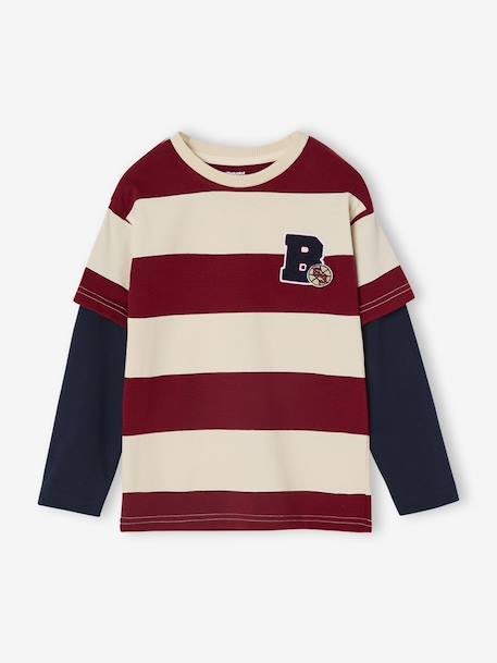 Striped T-Shirt with a Double-Sleeve Effect striped green+striped red - vertbaudet enfant 