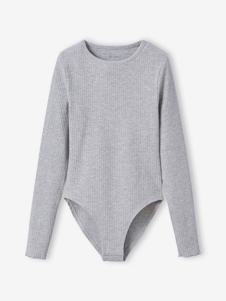 Long-Sleeved Ribbed Knit Bodysuit for Girls, JONEN marl grey - vertbaudet enfant 