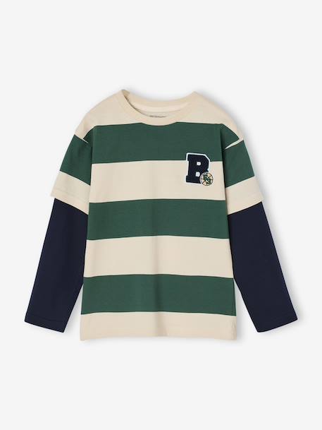 Striped T-Shirt with a Double-Sleeve Effect striped green+striped red - vertbaudet enfant 