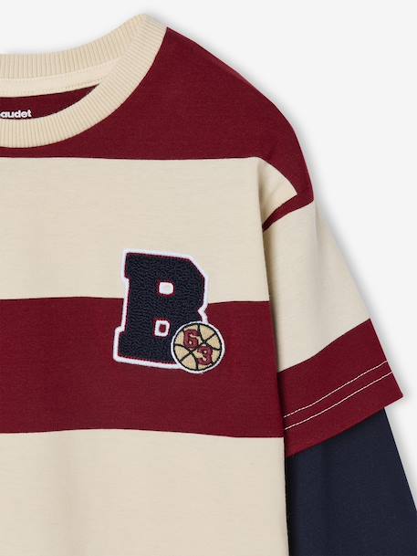 Striped T-Shirt with a Double-Sleeve Effect striped green+striped red - vertbaudet enfant 