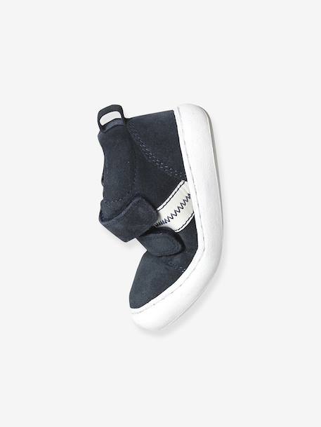 Mid-top fur-lined leather trainers with touch 'n' close fastening for babies camel+green+navy blue - vertbaudet enfant 