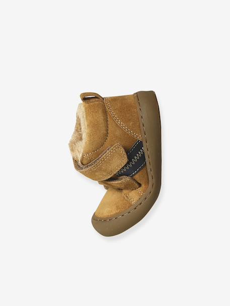 Mid-top fur-lined leather trainers with touch 'n' close fastening for babies camel+green+navy blue - vertbaudet enfant 