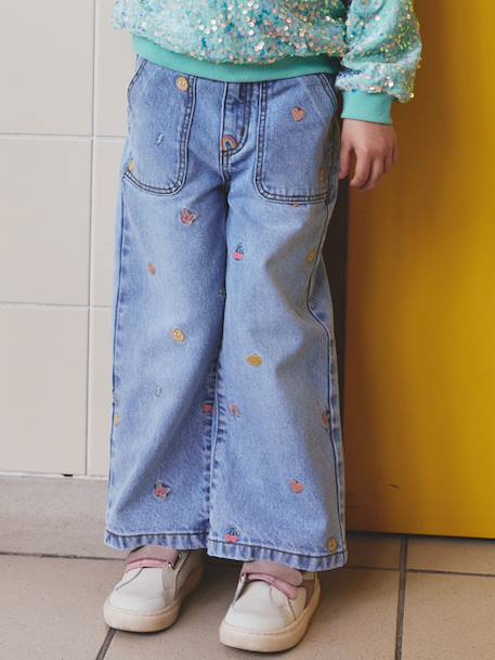 Embroidered Wide Leg Jeans with Fancy Motifs for Girls light blue - vertbaudet enfant 