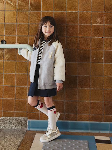 Dual-Fabric Bomber Jacket with Sherpa Sleeves for Girls marl grey - vertbaudet enfant 