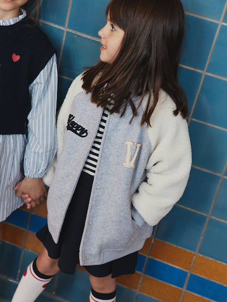 Dual-Fabric Bomber Jacket with Sherpa Sleeves for Girls marl grey - vertbaudet enfant 