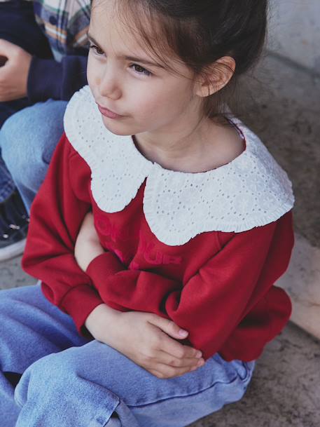 Sweat fille col claudine broderie anglaise écru+gris chiné+mauve+rose pâle+rouge - vertbaudet enfant 