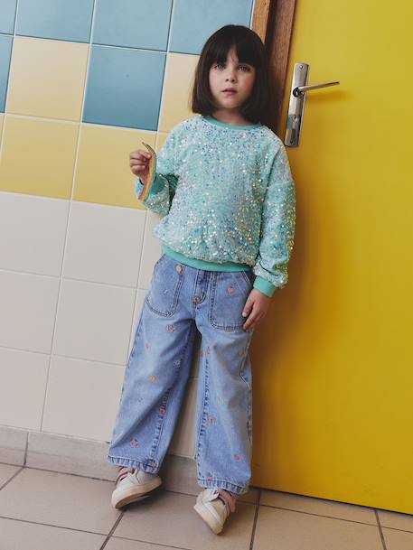 Embroidered Wide Leg Jeans with Fancy Motifs for Girls light blue - vertbaudet enfant 