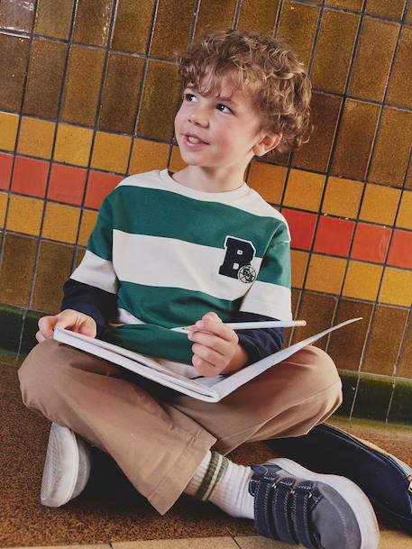 Striped T-Shirt with a Double-Sleeve Effect striped green+striped red - vertbaudet enfant 