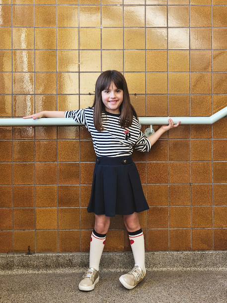 Pleated Piqué Knit Skirt for Girls navy blue - vertbaudet enfant 