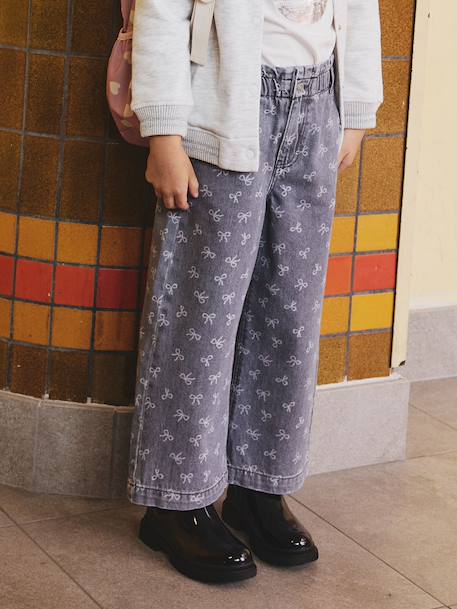 Wide-Leg Paperbag Jeans with Flower Motifs for Girls deep blue+denim grey - vertbaudet enfant 
