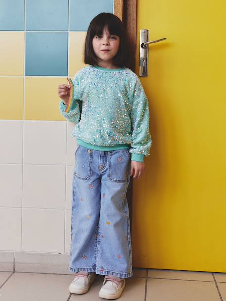 Sequinned Sweatshirt for Girls turquoise - vertbaudet enfant 