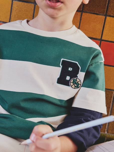 Striped T-Shirt with a Double-Sleeve Effect striped green+striped red - vertbaudet enfant 