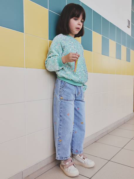 Embroidered Wide Leg Jeans with Fancy Motifs for Girls light blue - vertbaudet enfant 
