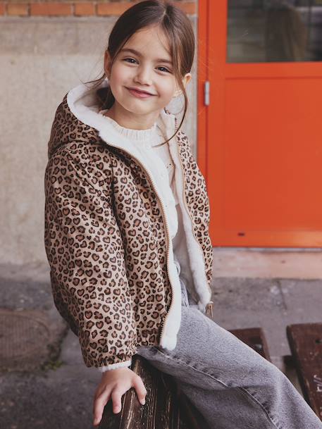 Coupe-vent fille à capuche réversible léopard/sherpa beige - vertbaudet enfant 