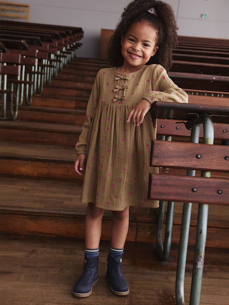 Robe en gaze de coton avec noeuds fantaisie fille écru+olive - vertbaudet enfant 