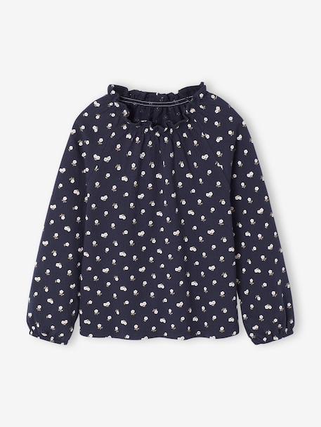 T-shirt fantaisie col élastiqué volanté fille écru+marine - vertbaudet enfant 