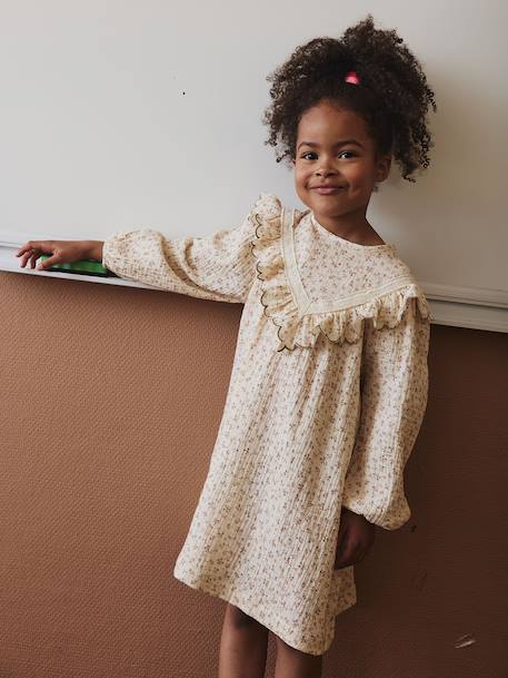 Floral Dress in Cotton Gauze for Girls ecru - vertbaudet enfant 