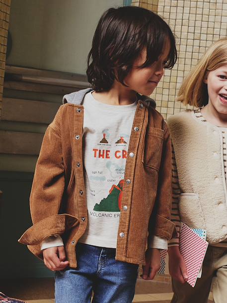 Printed Long-Sleeved T-Shirt with Details in Relief, for Boys marl white+pecan nut - vertbaudet enfant 