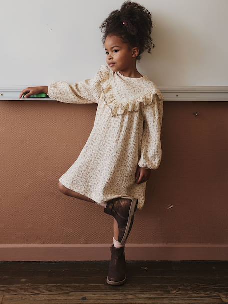 Floral Dress in Cotton Gauze for Girls ecru - vertbaudet enfant 
