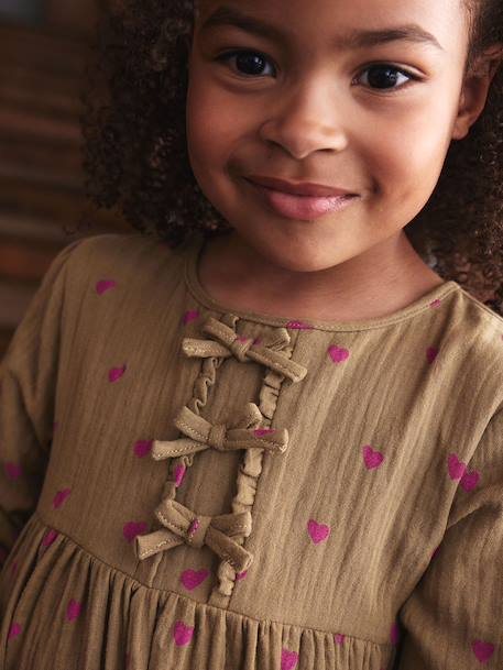 Cotton Gauze Dress with Fancy Bows for Girls ecru+olive - vertbaudet enfant 