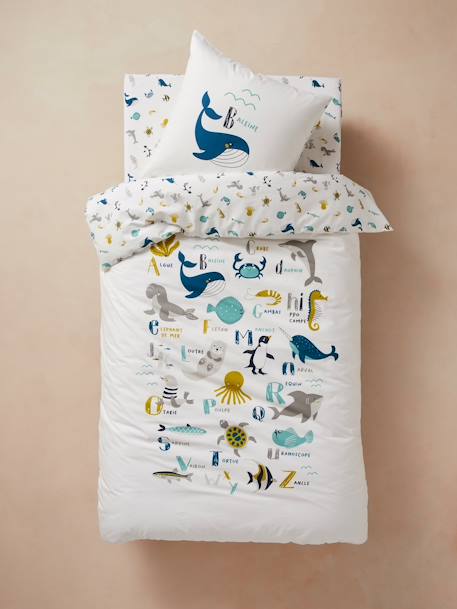 Duvet Cover + Pillowcase Set for Children, Marine Animal Alphabet Theme White - vertbaudet enfant 