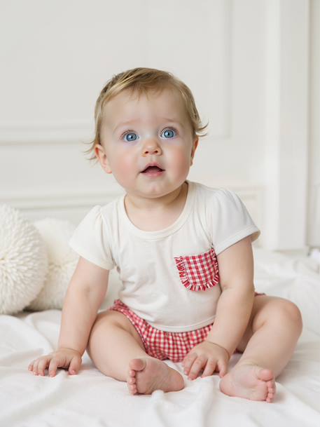 T-Shirt with Fancy Gingham Pocket, for Babies ecru - vertbaudet enfant 
