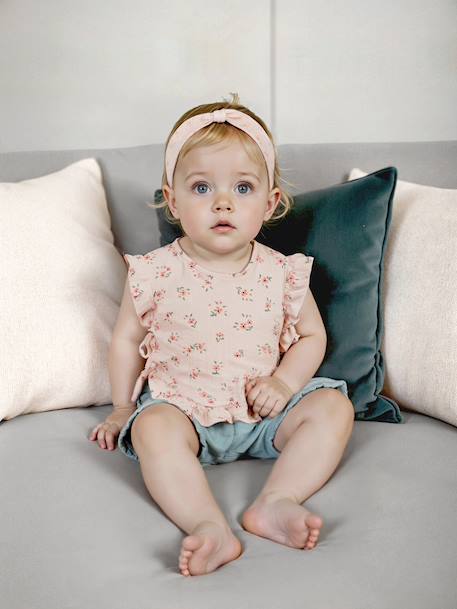 Baby Set: Blouse + Shorts + Headband in Cotton Gauze pale pink - vertbaudet enfant 