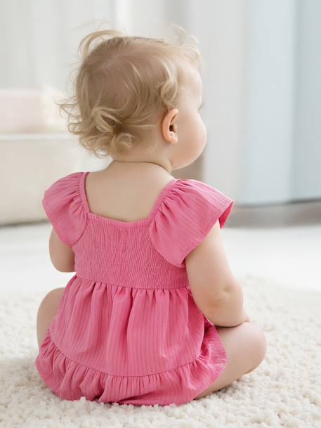 Smocked Dress in Cotton Gauze for Babies rosy apricot+sweet pink - vertbaudet enfant 