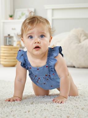 Combishort bébé en denim léger - vertbaudet enfant Bébé-Salopette, combinaison-Combishort bébé en denim léger