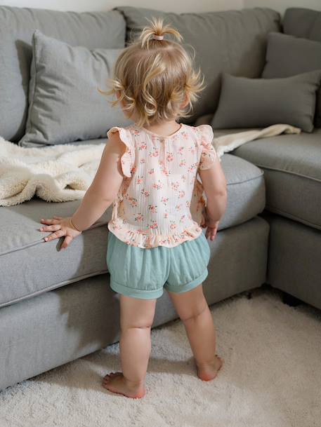 Baby Set: Blouse + Shorts + Headband in Cotton Gauze pale pink - vertbaudet enfant 