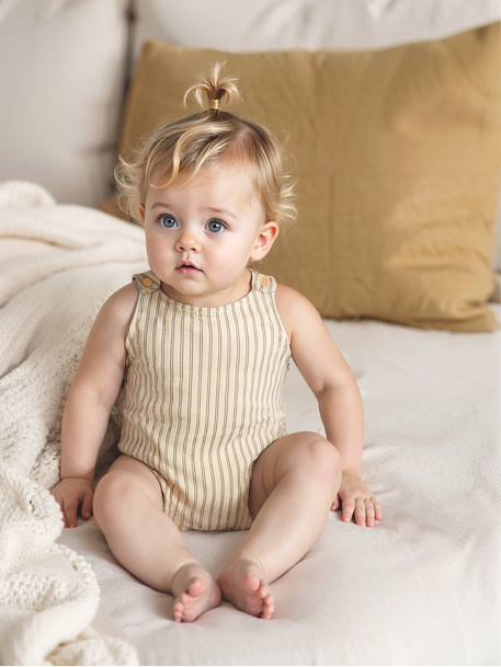 Striped baby romper in cotton/linen ecru - vertbaudet enfant 