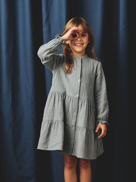 Robe fille en gaze de coton imprimée pois irisés prune+vert sapin+vert sauge - vertbaudet enfant 
