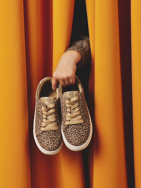 Leather Lace-Up Trainers for Children gold+printed beige - vertbaudet enfant 