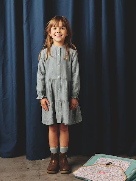 Robe fille en gaze de coton imprimée pois irisés prune+vert sapin+vert sauge - vertbaudet enfant 