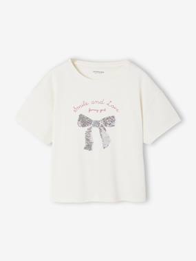 -Short-Sleeved T-Shirt with Reversible Sequin Motif, for Girls 