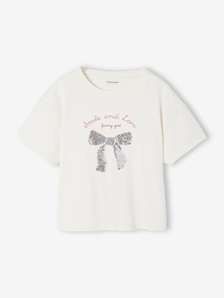 Short-Sleeved T-Shirt with Reversible Sequin Motif, for Girls dusky pink+ecru - vertbaudet enfant 