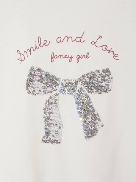 Short-Sleeved T-Shirt with Reversible Sequin Motif, for Girls dusky pink+ecru - vertbaudet enfant 