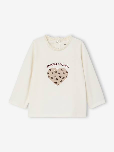 Long-sleeved baby t-shirt with leopard heart pattern ecru - vertbaudet enfant 