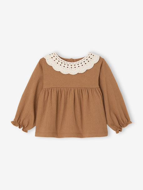 T-shirt for babies in crinkled jersey with crochet collar caramel - vertbaudet enfant 