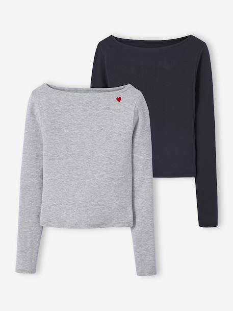 Lot de 2 t-shirts en côtes fille gris chiné - vertbaudet enfant 