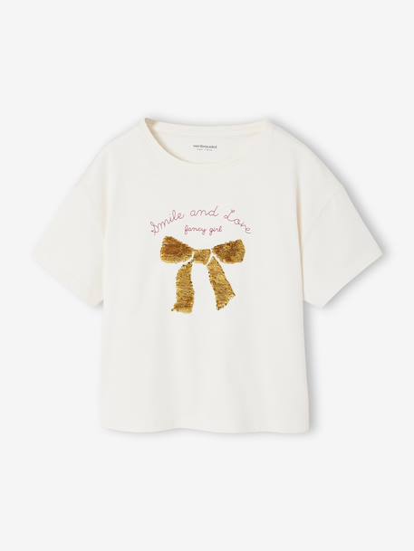 Short-Sleeved T-Shirt with Reversible Sequin Motif, for Girls dusky pink+ecru - vertbaudet enfant 