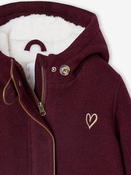 Woollen Coat with Hood & Sherpa Lining for Girls BEIGE MEDIUM SOLID WITH DECOR+bordeaux red+GREEN DARK SOLID WITH DESIGN - vertbaudet enfant 