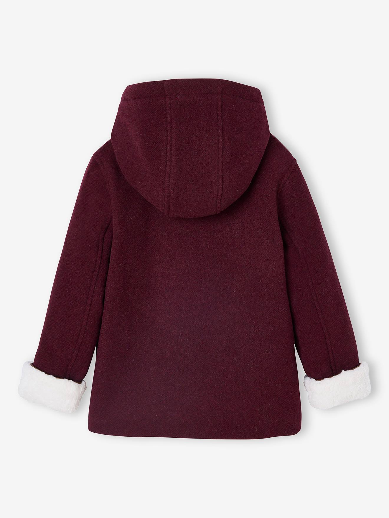 Woollen Coat with Hood & Sherpa Lining for Girls - bordeaux red, Girls