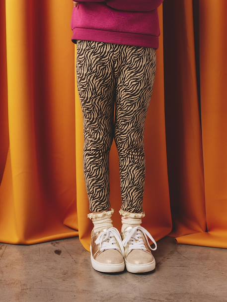 Leggings Lined in Polar Fleece for Girls BROWN LIGHT ALL OVER PRINTED+chocolate+dusky pink+printed grey - vertbaudet enfant 