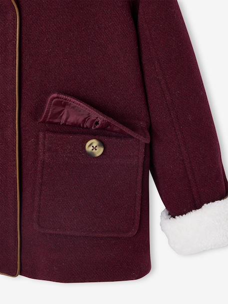 Woollen Coat with Hood & Sherpa Lining for Girls BEIGE MEDIUM SOLID WITH DECOR+bordeaux red+GREEN DARK SOLID WITH DESIGN - vertbaudet enfant 