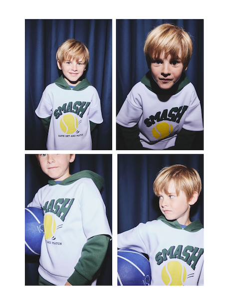 Sweat garçon sport doubles manches motif ballon en relief blanc chiné+vert sapin - vertbaudet enfant 